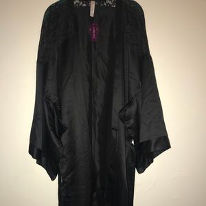 Long Satin Robe with Lace Shoulders